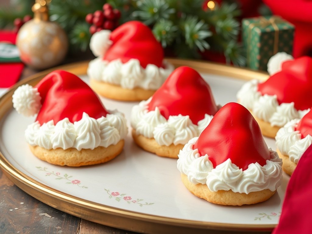 A plate of Santa hat cookies decorated with red icing and whipped cream.