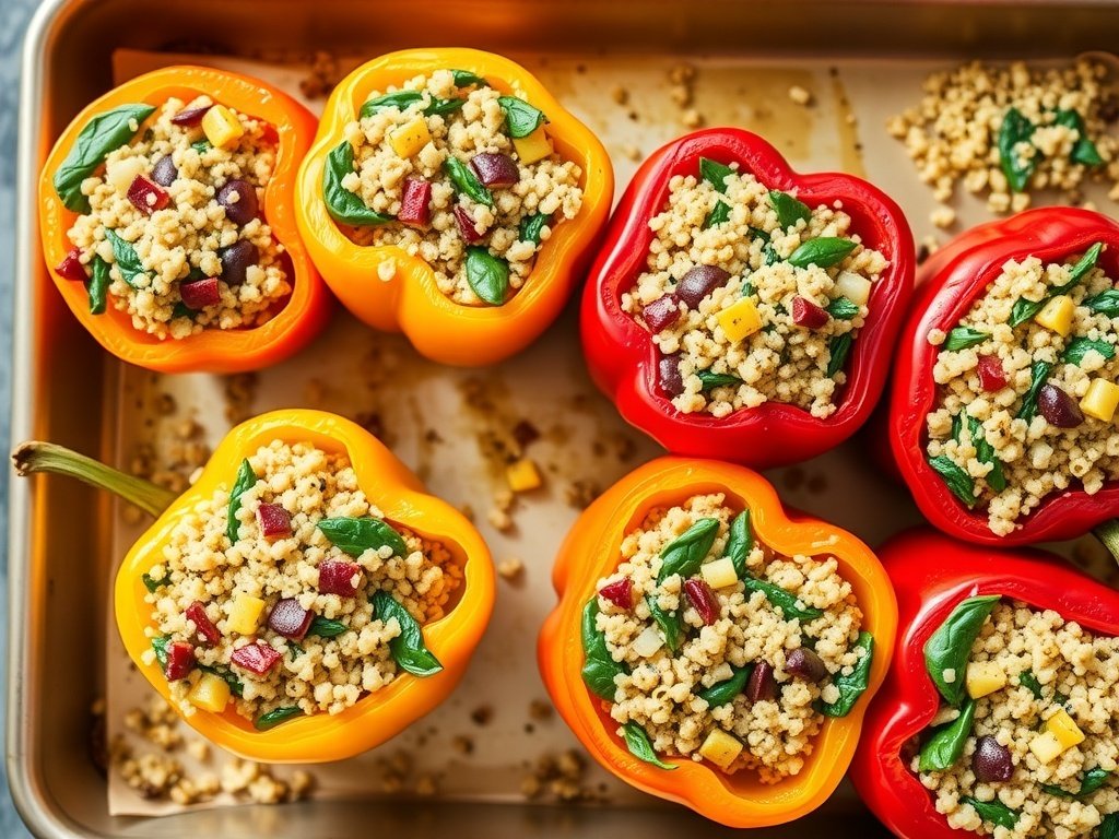 Colorful bell peppers stuffed with quinoa, spinach, and black beans, ready to be baked.