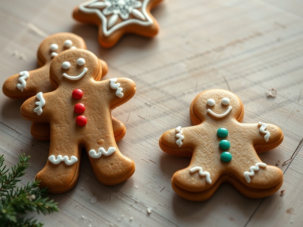Gingerbread men cookies decorated with colorful icing and buttons