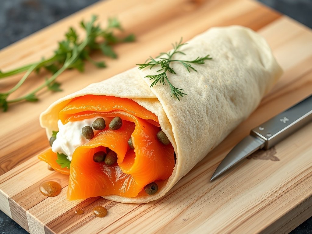 A smoked salmon and cream cheese wrap on a wooden cutting board, garnished with fresh herbs.