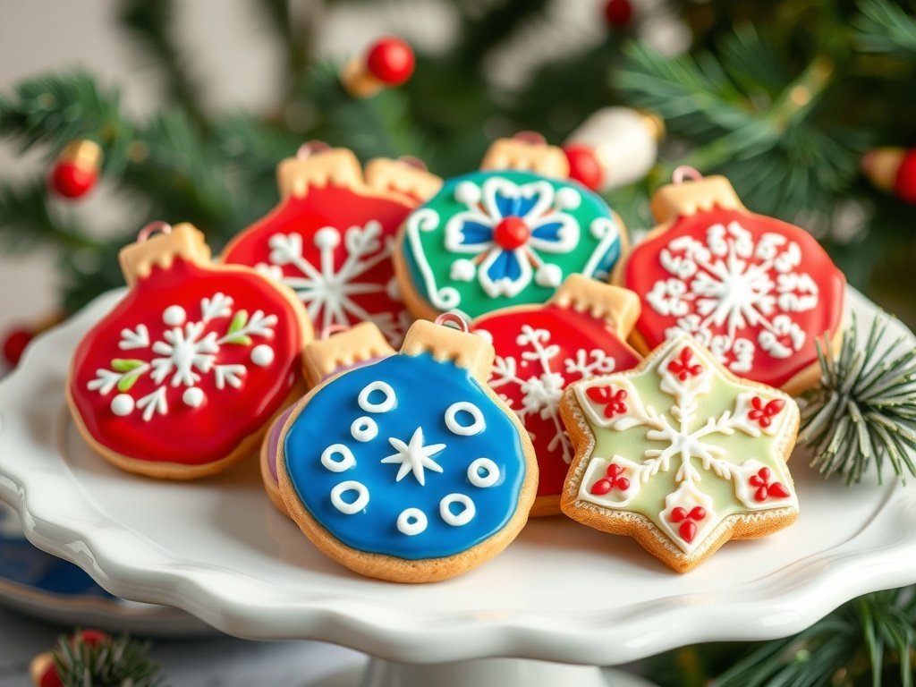 Colorful ornament-shaped cookies decorated with royal icing on a white plate, surrounded by holiday decorations.