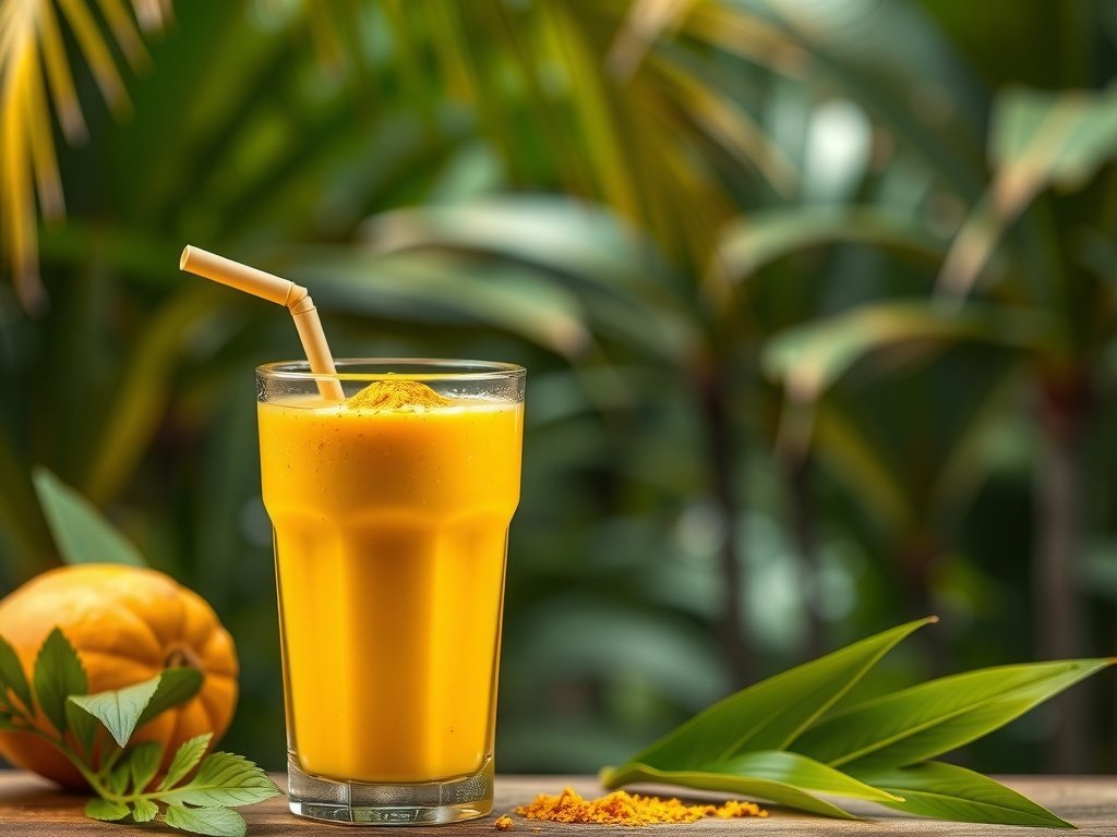 A refreshing turmeric mango smoothie in a glass with a straw, surrounded by tropical greenery.