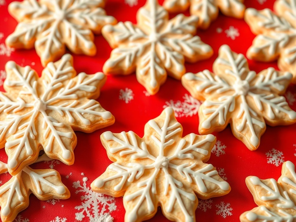 Decorative snowflake sugar cookies with royal icing on a festive red background.