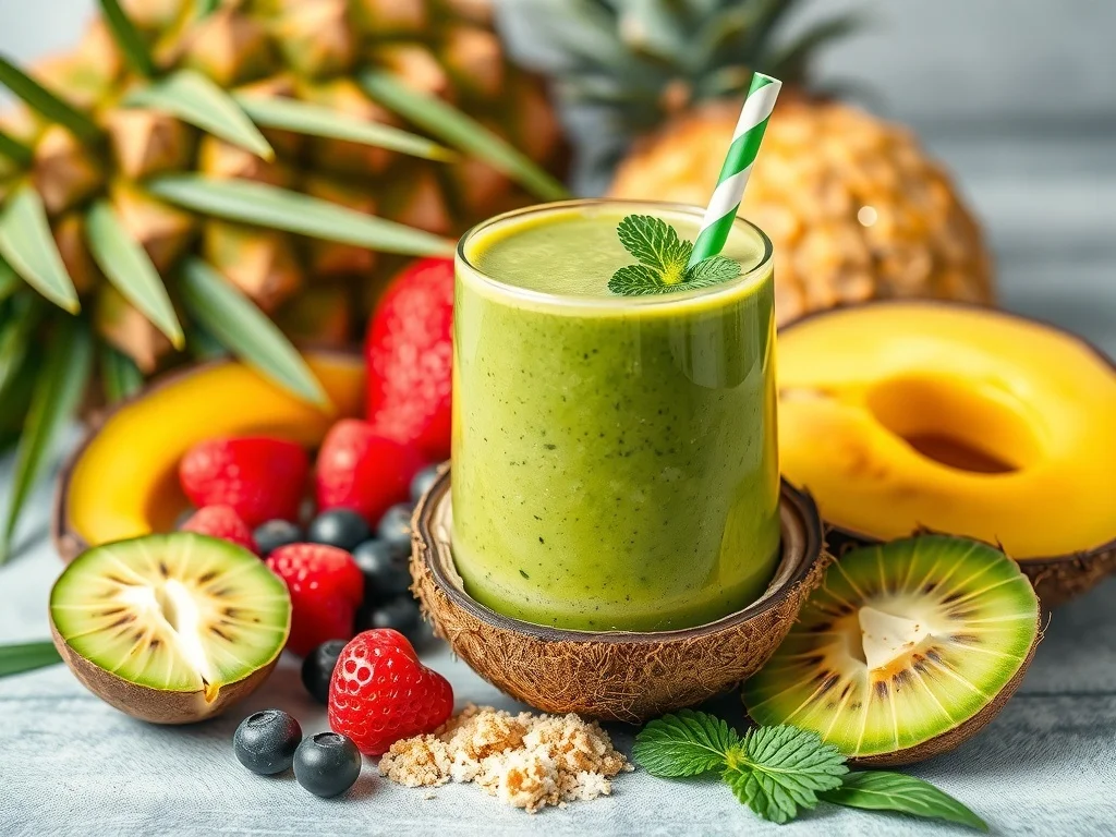 A vibrant green smoothie surrounded by tropical fruits like pineapple, mango, and kiwi.