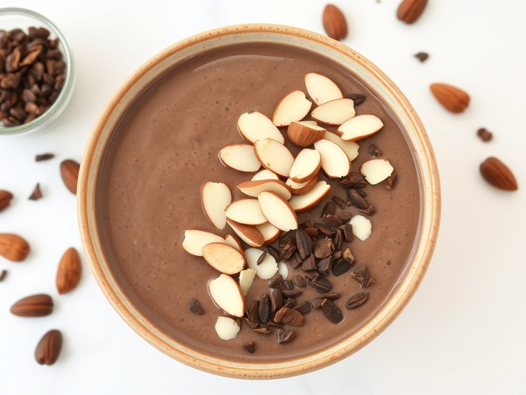 A bowl of chocolate almond smoothie topped with sliced almonds and chocolate shavings.