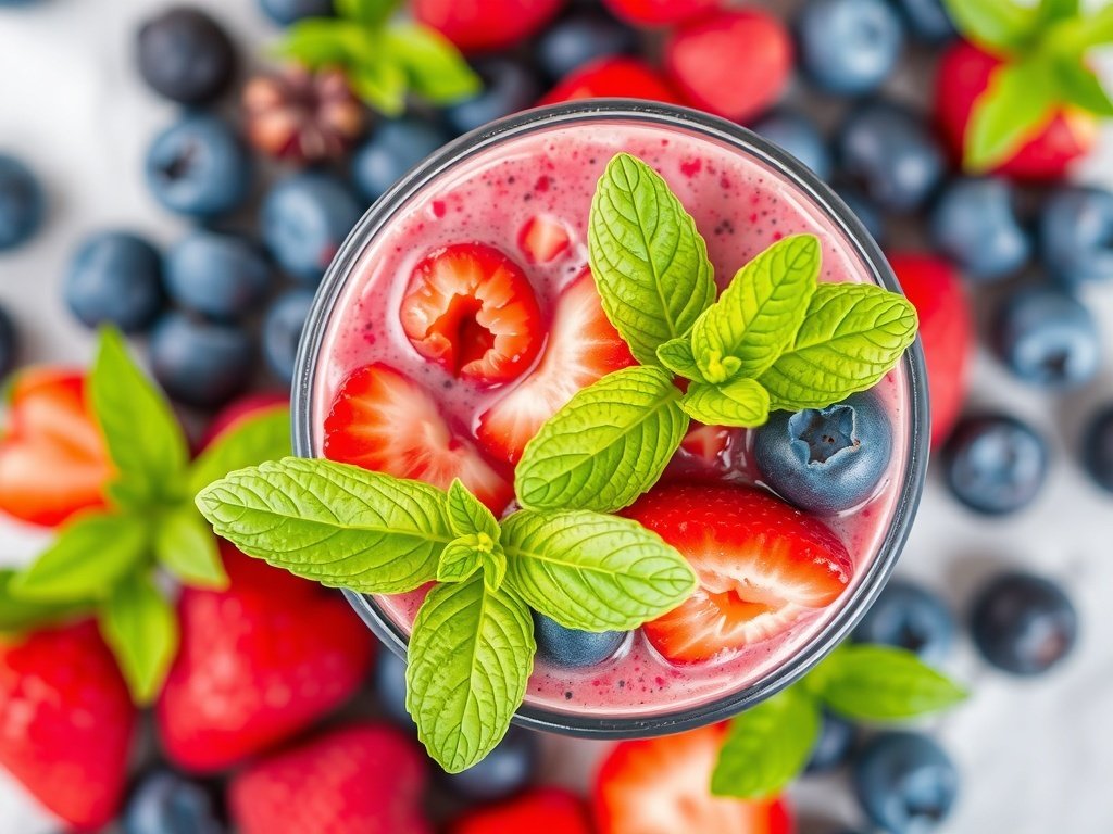 A vibrant berry smoothie topped with mint leaves, surrounded by fresh strawberries and blueberries.