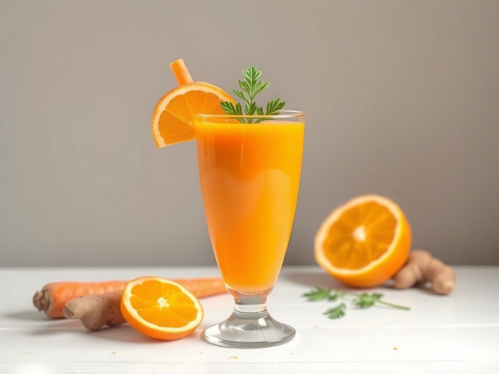 A refreshing orange carrot ginger smoothie in a glass, garnished with an orange slice and surrounded by fresh ingredients.