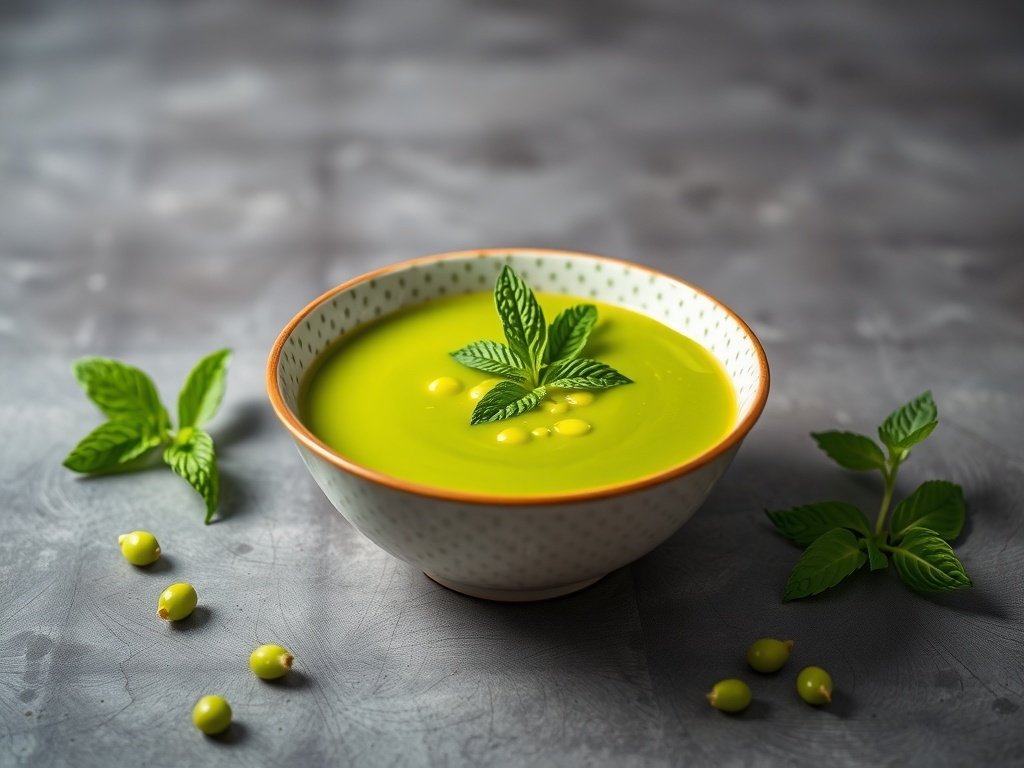 A bowl of vibrant green pea and mint soup garnished with mint leaves.