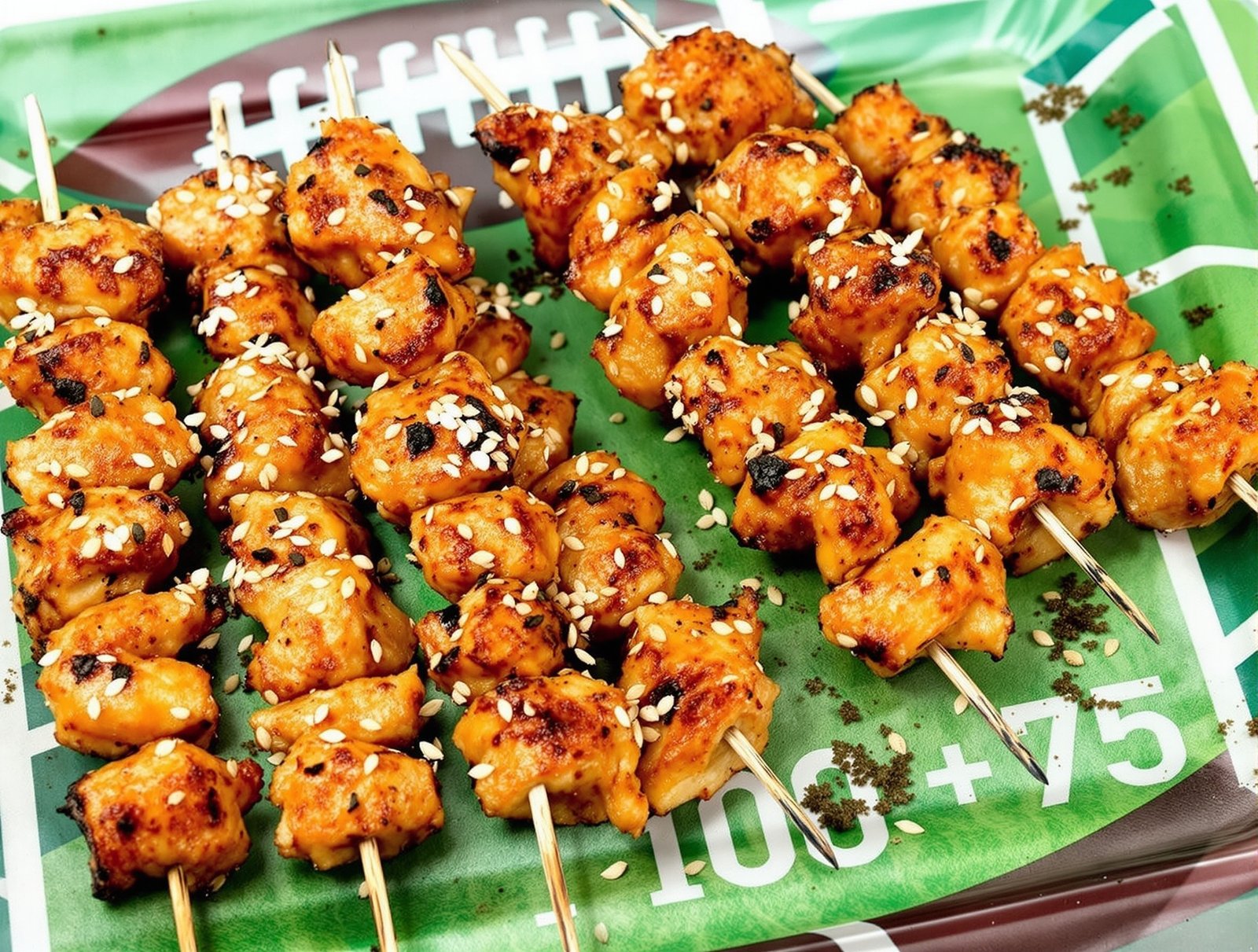 Sweet and spicy chicken skewers on a green serving tray