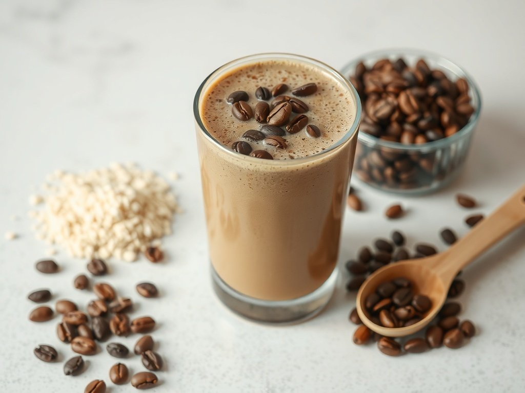 A glass of coffee protein shake smoothie topped with coffee beans, surrounded by coffee beans and oats.