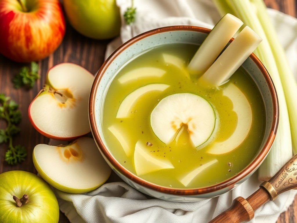 A bowl of green apple and celery soup garnished with apple slices and fresh herbs.