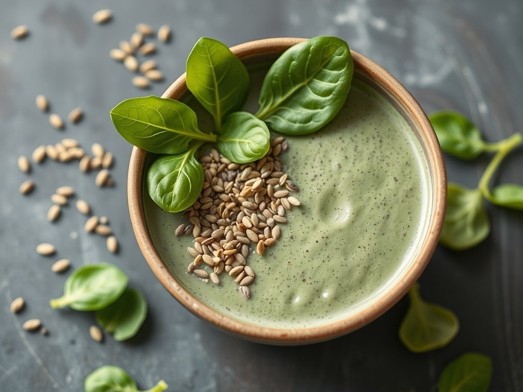 A bowl of green smoothie topped with chia seeds and spinach leaves.