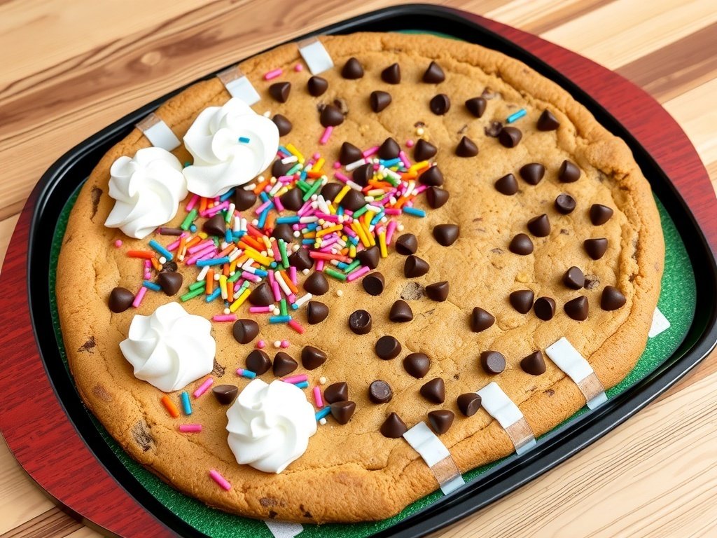 Chocolate chip cookie dessert pizza topped with whipped cream and sprinkles