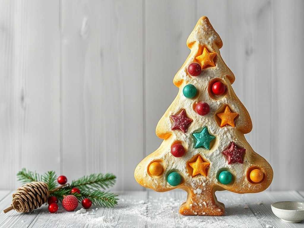 A festive Christmas tree-shaped sourdough bread decorated with colorful candies and powdered sugar.