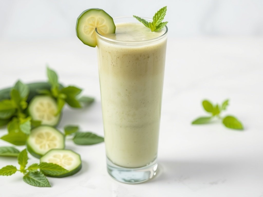 A refreshing cucumber mint smoothie in a glass with cucumber slices and mint leaves around it.