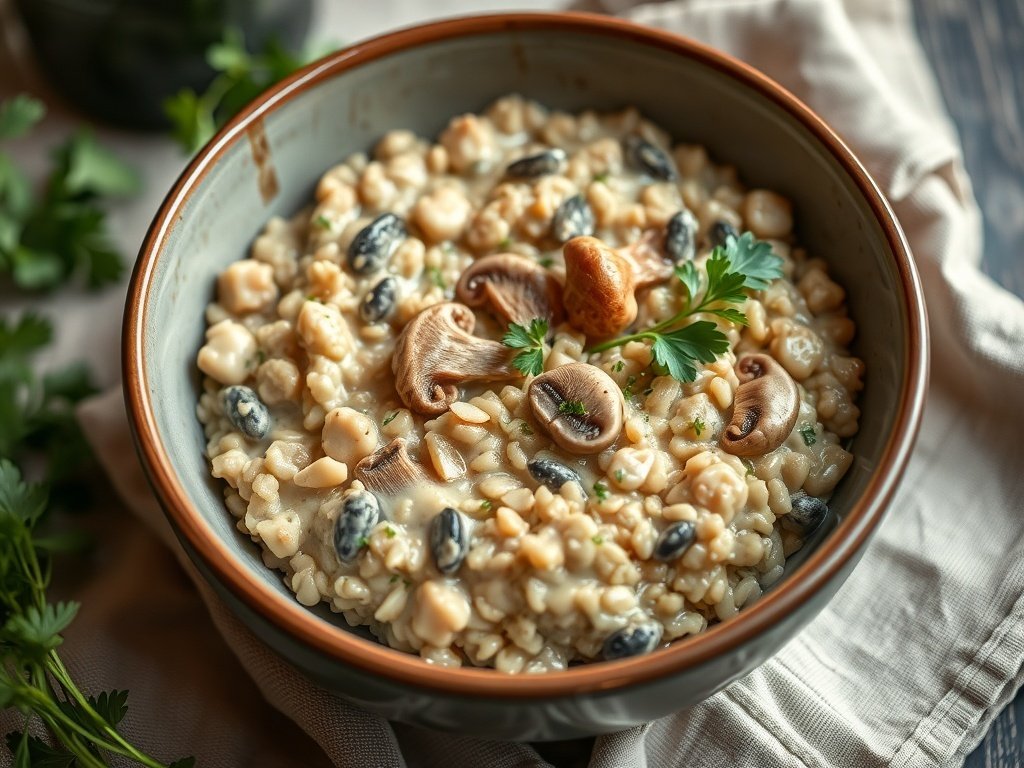 A bowl of mushroom and barley risotto garnished with herbs and mushrooms.