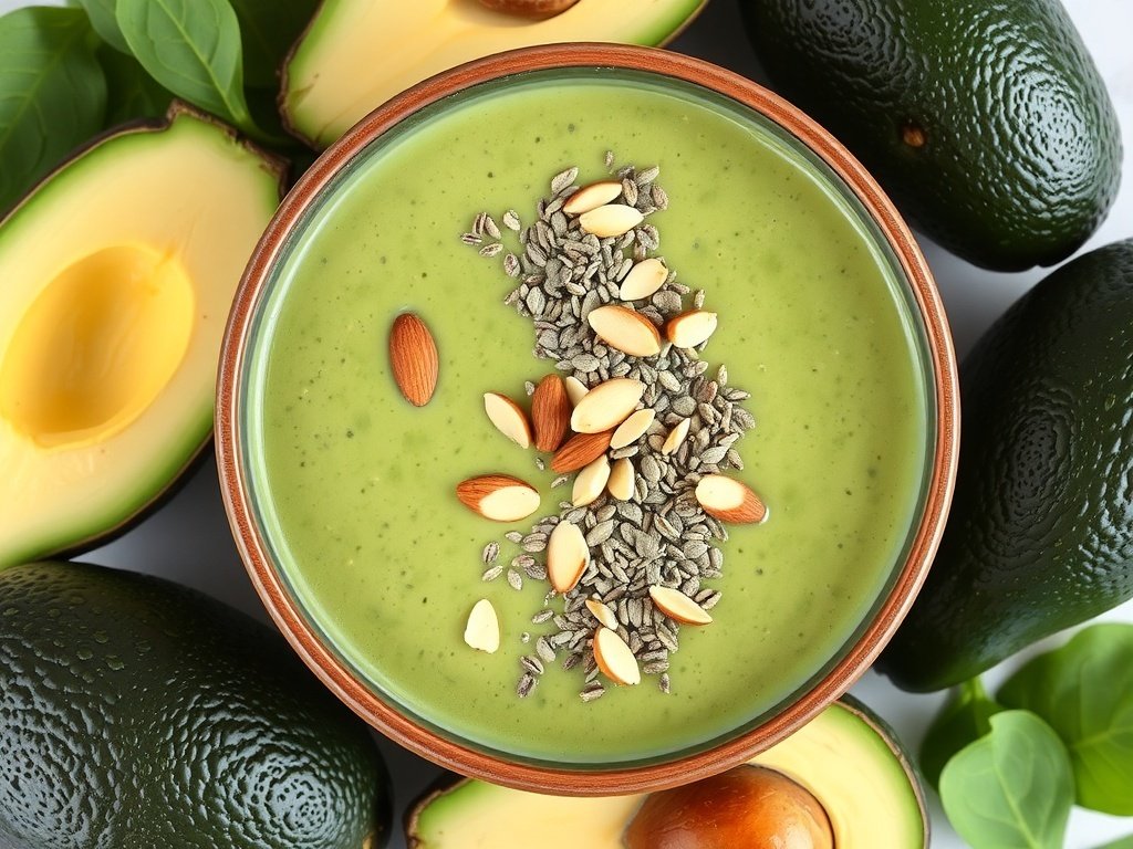 A bowl of Avocado Spinach Smoothie topped with seeds and nuts, surrounded by fresh avocados.
