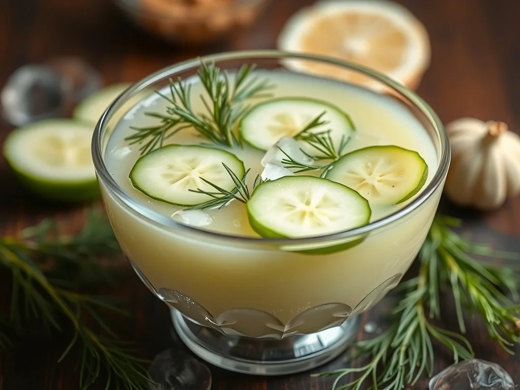 A refreshing cucumber and dill chilled soup served in a glass with cucumber slices and dill sprigs.