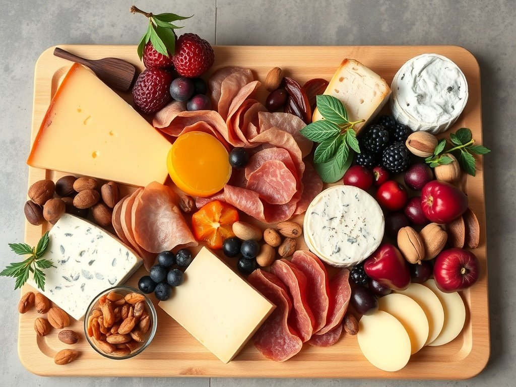 A beautifully arranged cheese and charcuterie board featuring various cheeses, meats, nuts, and fruits.