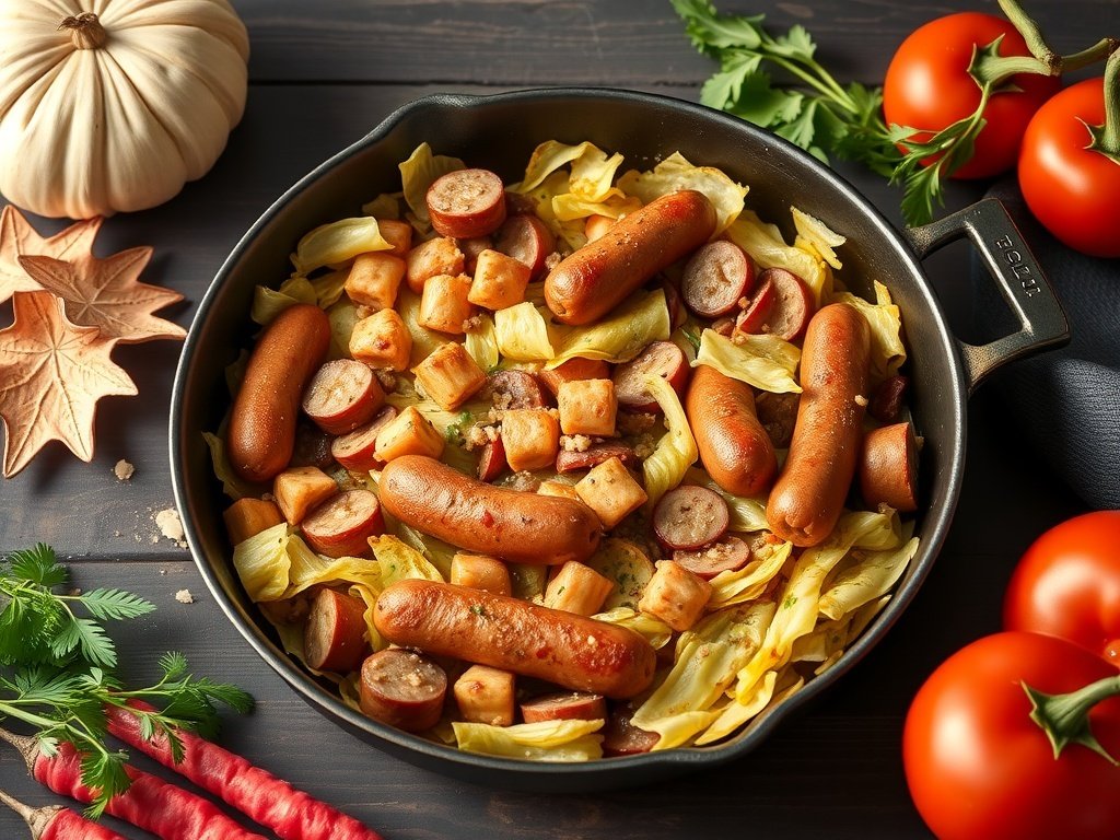 A skillet filled with cabbage and sausage, surrounded by fresh vegetables and autumn leaves.