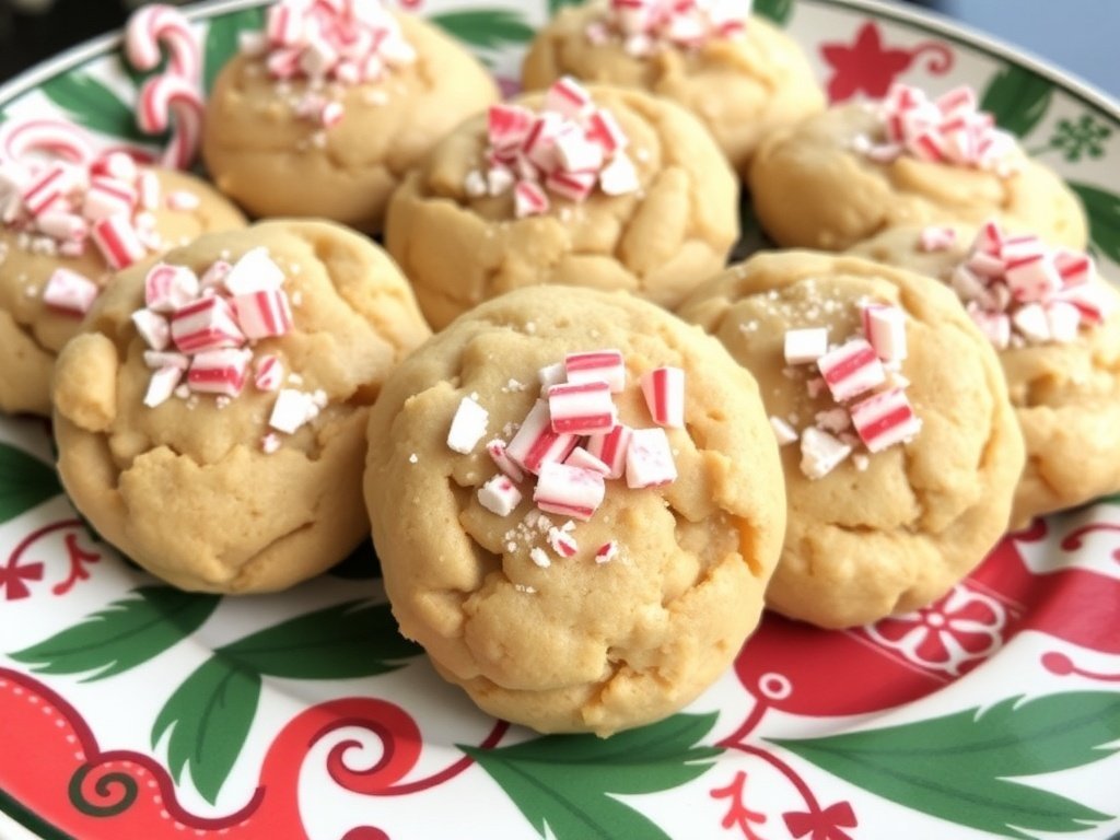 A plate of Peppermint Peanut Butter Crunch Cookies topped with crushed peppermint candies.