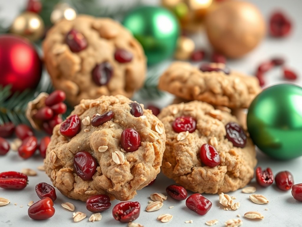 Cranberry peanut butter oatmeal cookies with festive decorations