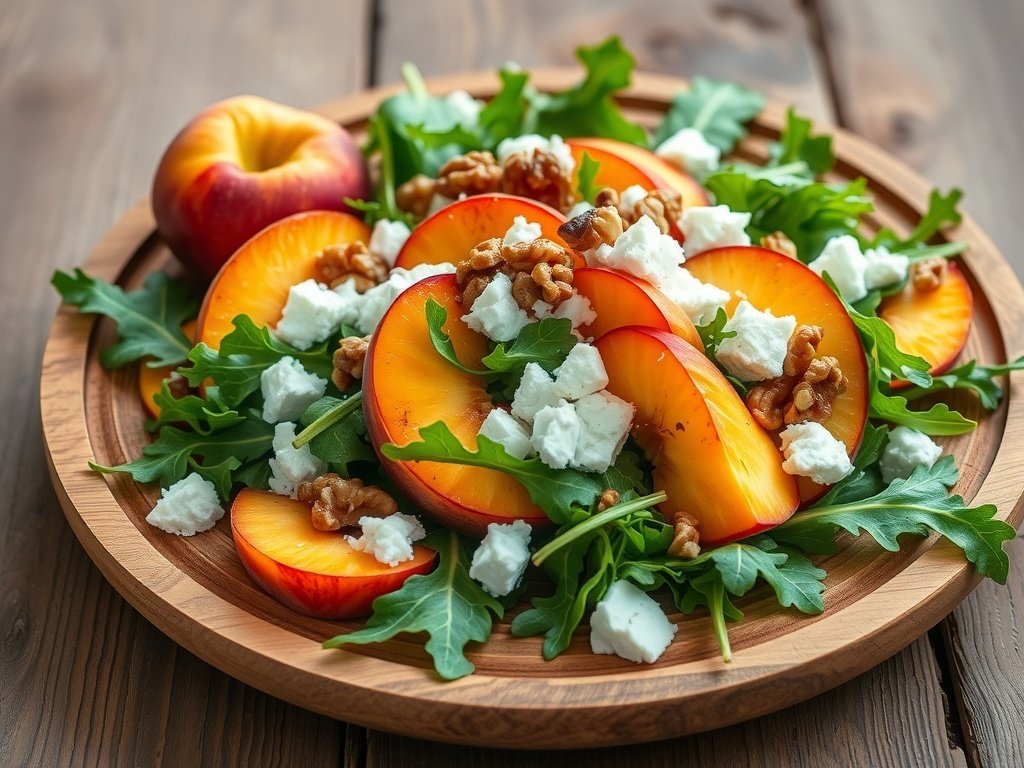 A vibrant salad featuring sliced peaches, arugula, goat cheese, and walnuts on a wooden platter.