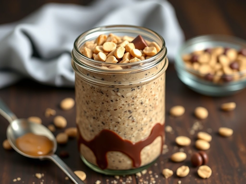 A jar of chocolate peanut butter overnight oats topped with peanut butter chips and chocolate drizzle.