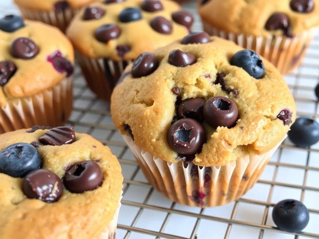 Freshly baked chocolate chip blueberry muffins on a cooling rack.