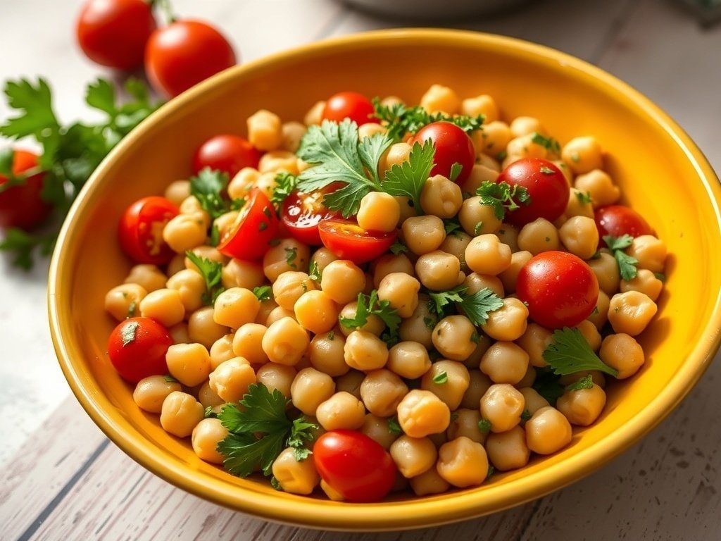 A vibrant herbed chickpea salad with cherry tomatoes in a yellow bowl.