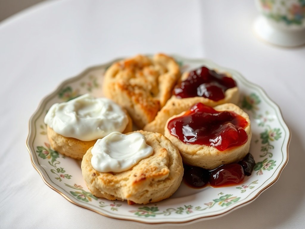 A plate of scones topped with clotted cream and jam, perfect for a tea party.