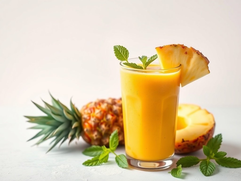 A refreshing mango pineapple smoothie garnished with mint leaves and a slice of pineapple.