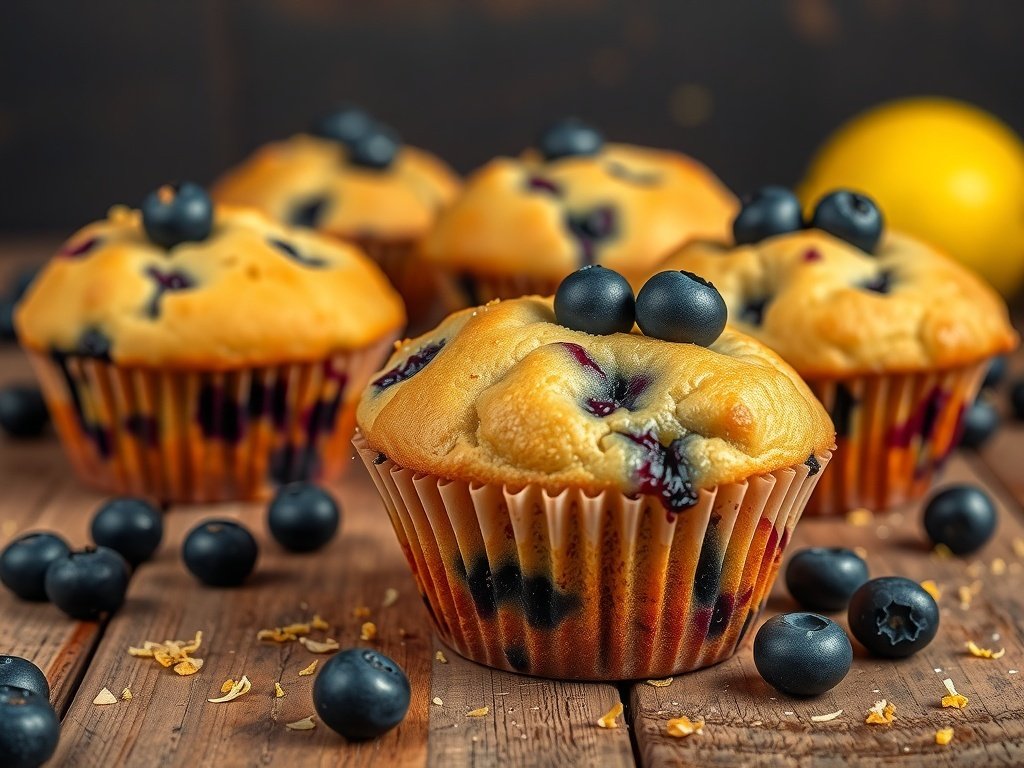 Golden-brown lemon zest and blueberry muffins with fresh blueberries on a wooden surface.