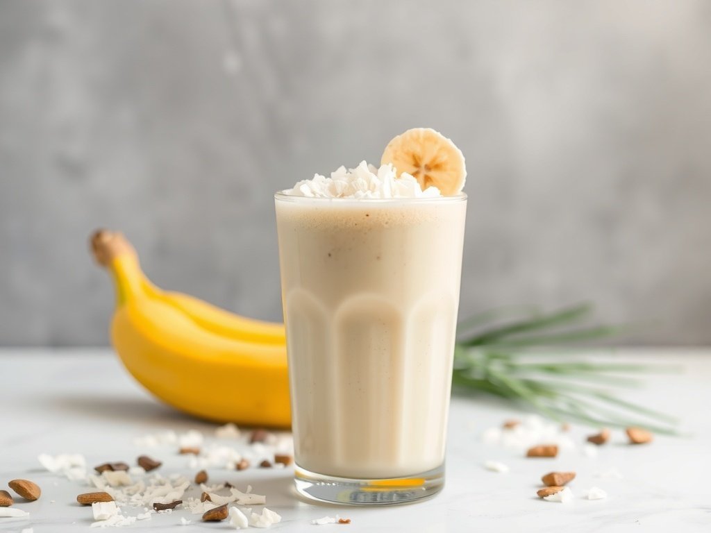 A refreshing Coconut Banana Bliss Smoothie in a glass, garnished with shredded coconut, with a banana and almonds in the background.