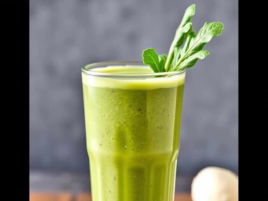A refreshing green smoothie in a glass with bananas and leafy greens beside it.