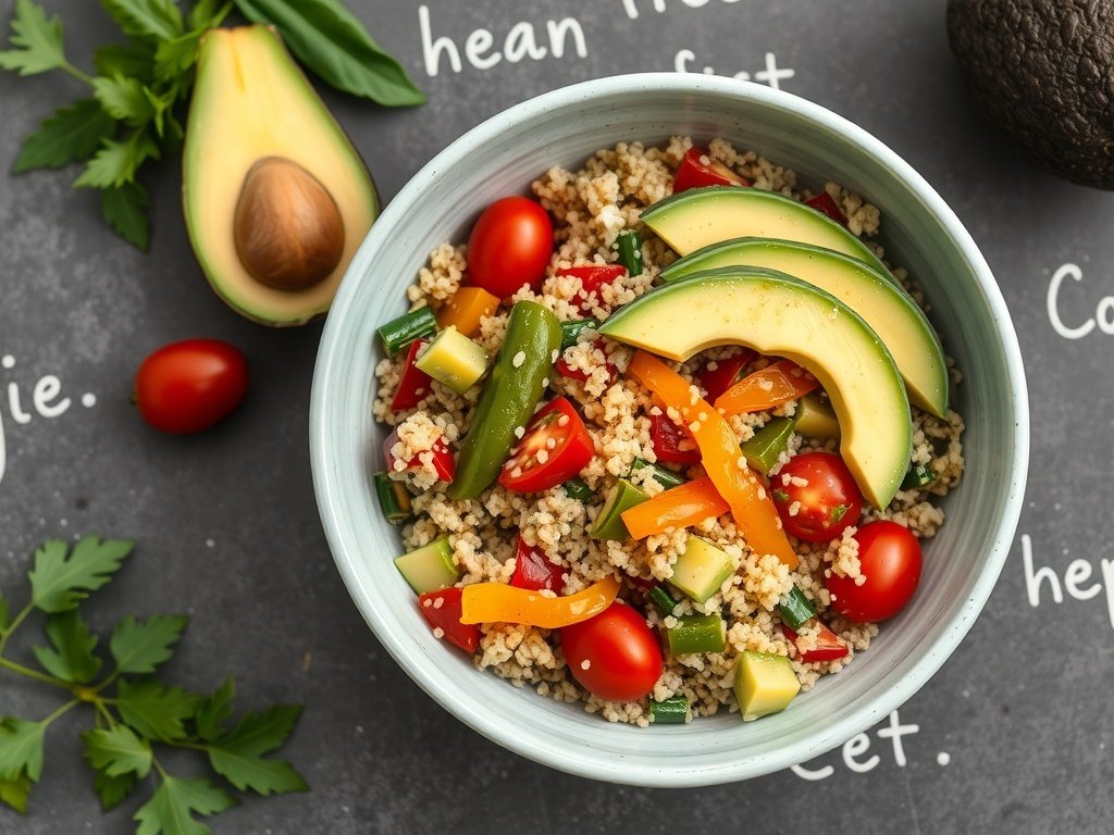 A colorful bowl of quinoa salad with various vegetables and avocado slices.