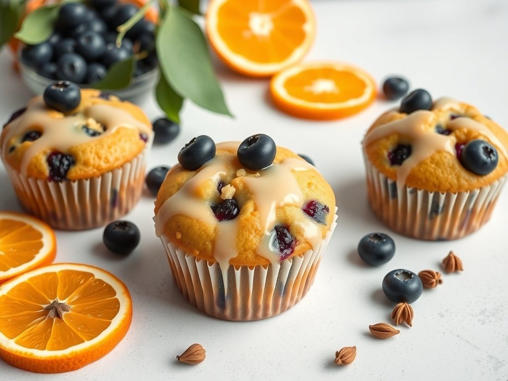 Orange Cardamom Blueberry Muffins with orange slices and blueberries