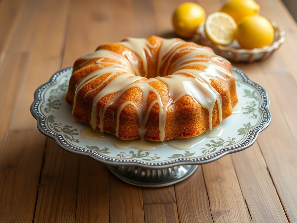A beautifully glazed honey and lemon drizzle cake on a decorative plate with lemons in the background.
