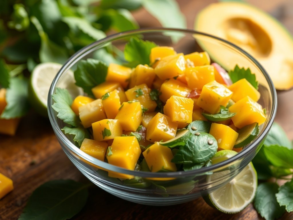A vibrant bowl of mango avocado salad with lime dressing, featuring diced mango, avocado, and fresh herbs.