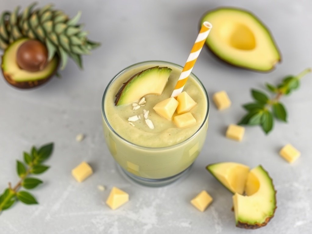 A creamy avocado pineapple smoothie in a glass with a straw, surrounded by avocado halves and pineapple.