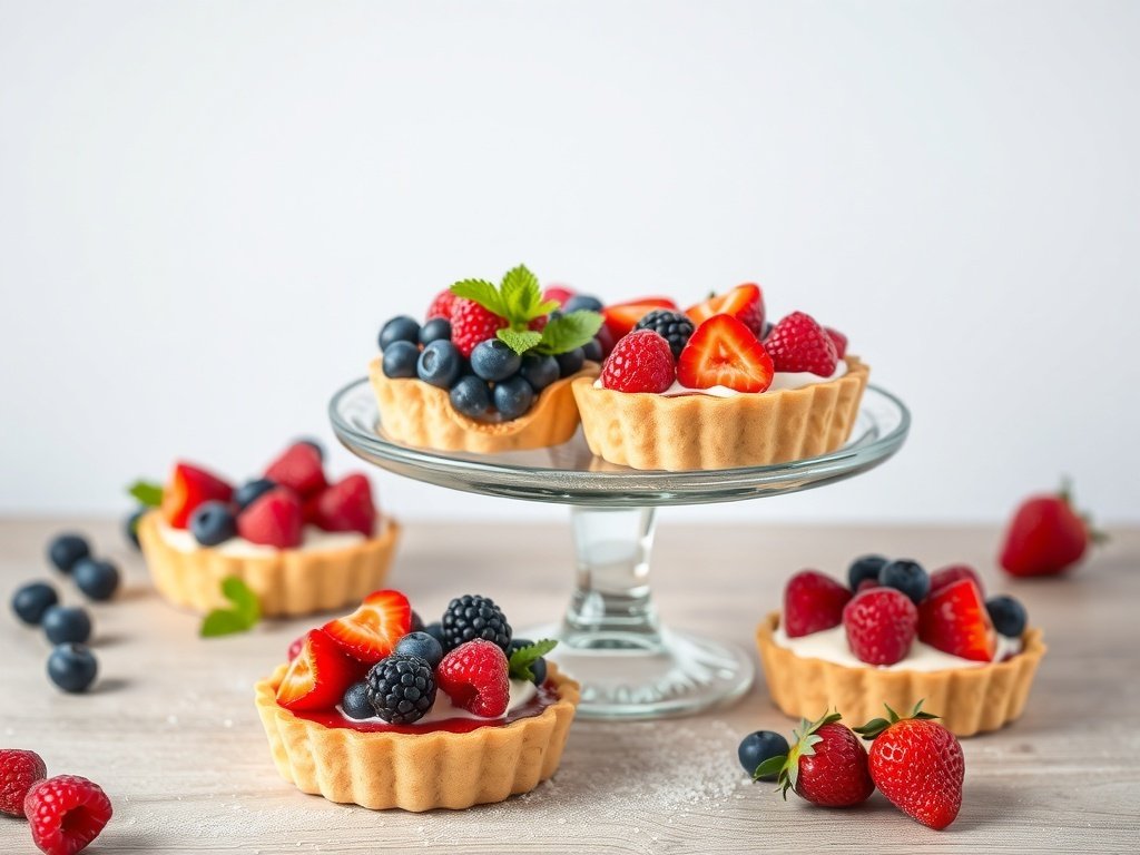 Delicious fruit tarts with pastry cream topped with fresh berries