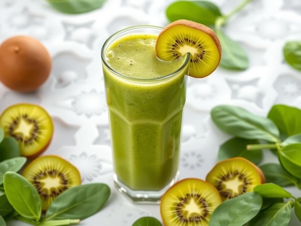 A refreshing kiwi spinach green smoothie in a glass, garnished with a slice of kiwi, surrounded by fresh spinach and kiwi slices.