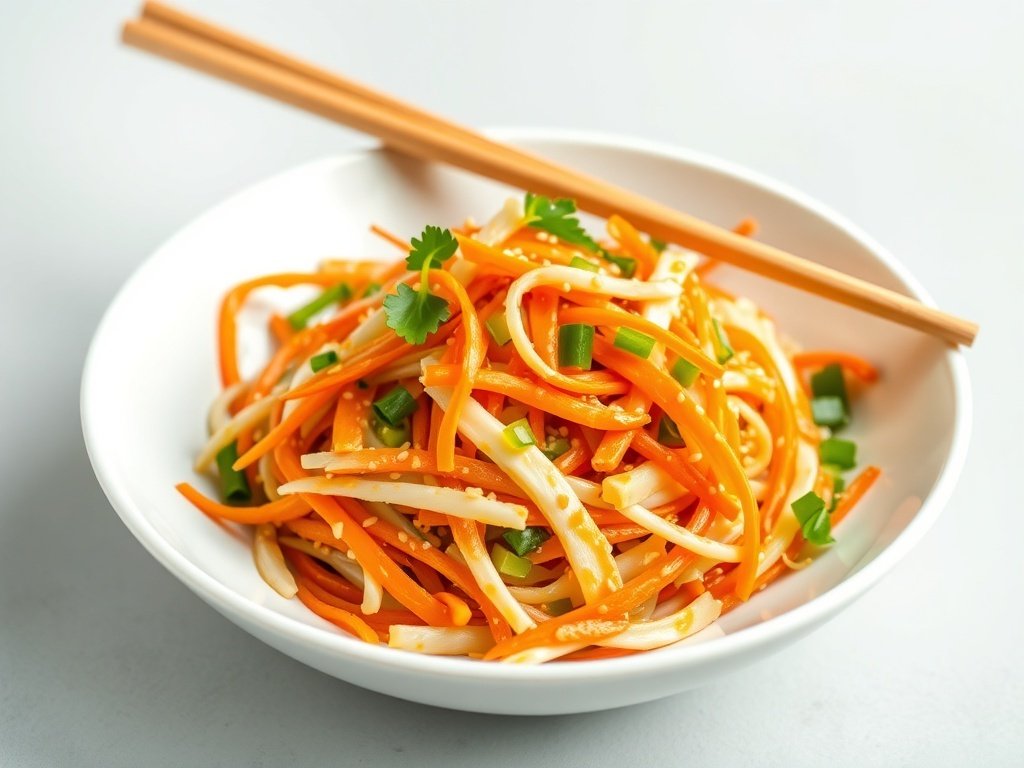 A bowl of vibrant carrot and cabbage slaw with sesame seeds and green onions, served with chopsticks.