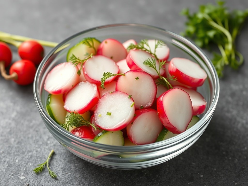 A bowl of sliced radishes and cucumbers garnished with dill.