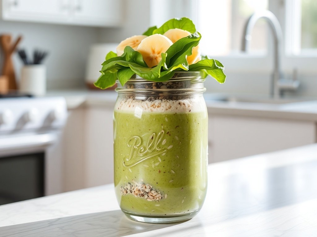 A green smoothie bowl topped with banana slices, chia seeds, and spinach leaves.