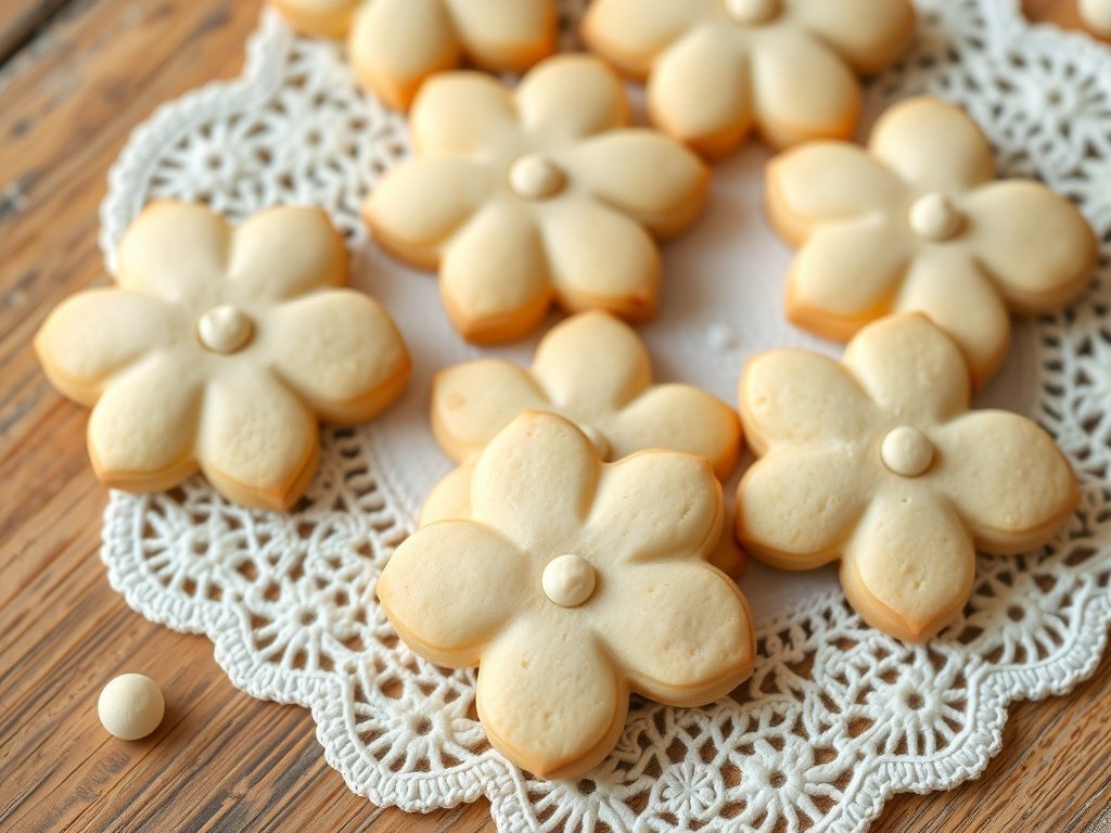 Tea-infused shortbread cookies shaped like flowers on a lace doily.