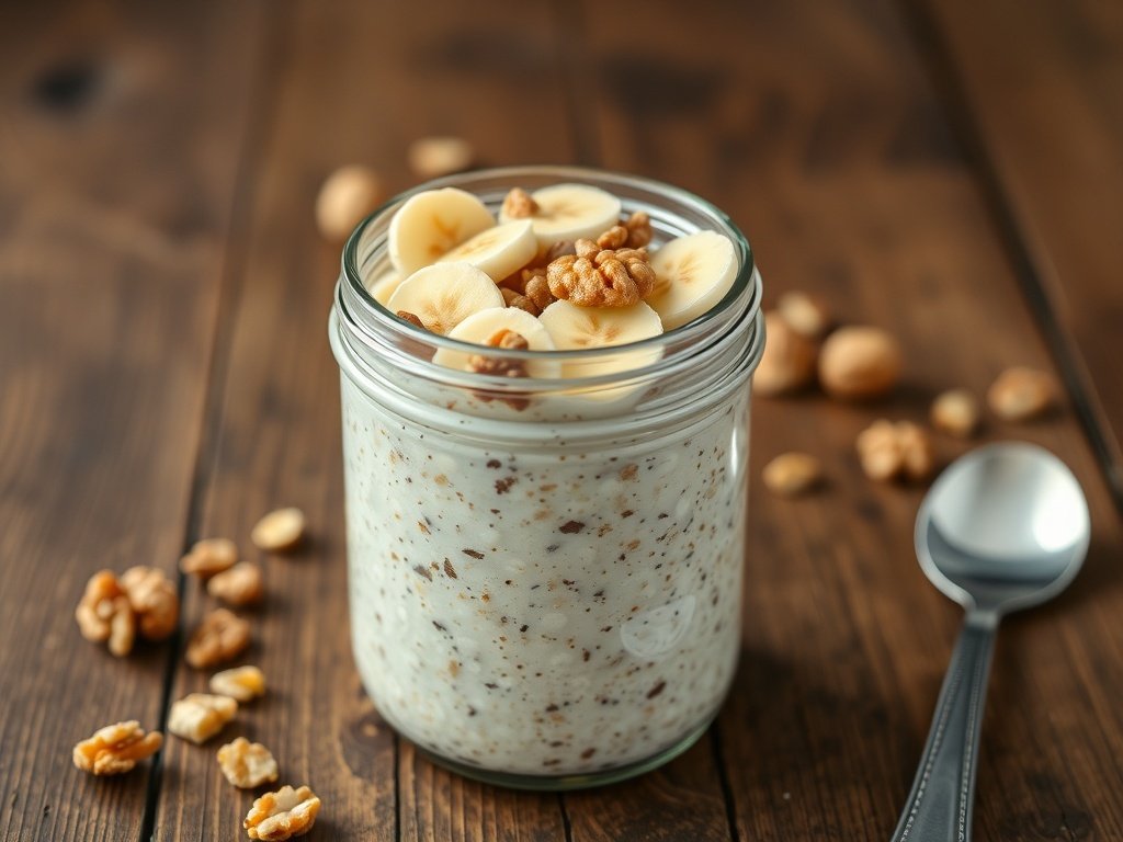 A bowl of banana nut overnight oats topped with sliced bananas and walnuts.