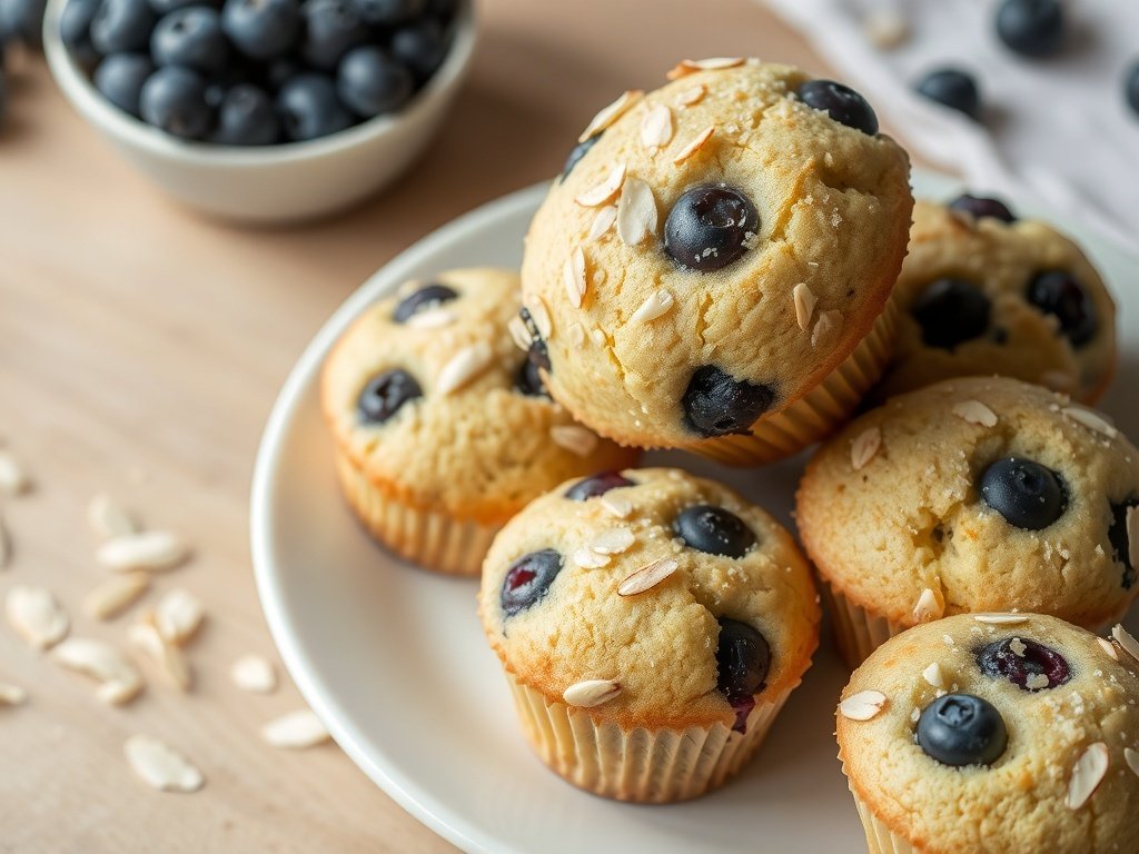 A plate of almond flour blueberry muffins topped with oats and fresh blueberries.