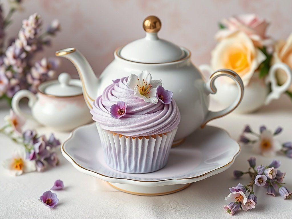 Lavender Earl Grey cupcake on a plate next to a teapot and flowers.