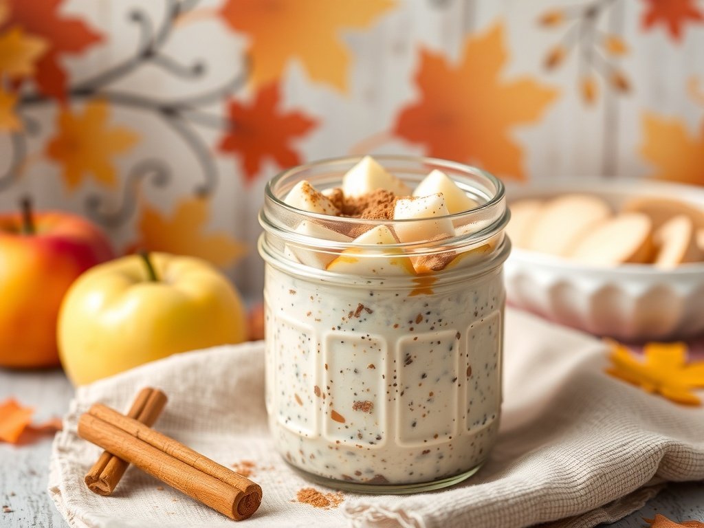 A bowl of apple cinnamon crunch overnight oats topped with apple chunks and cinnamon, surrounded by autumn-themed decorations.